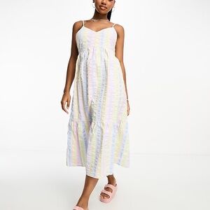 Pieces Pastel Stripe Seersucker 100% Cotton Tiered Midi Dress Size Medium